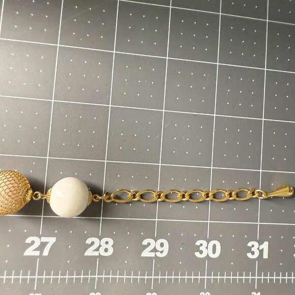 Gold Tone Mesh & White Beaded Necklace With Adjustable Chain Closure - Picture 6 of 6